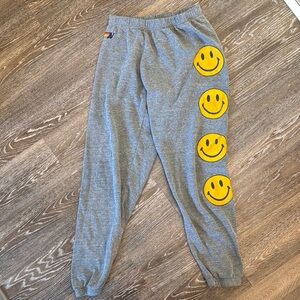 Aviator Nation Gray and Yellow Smiley Face Joggers